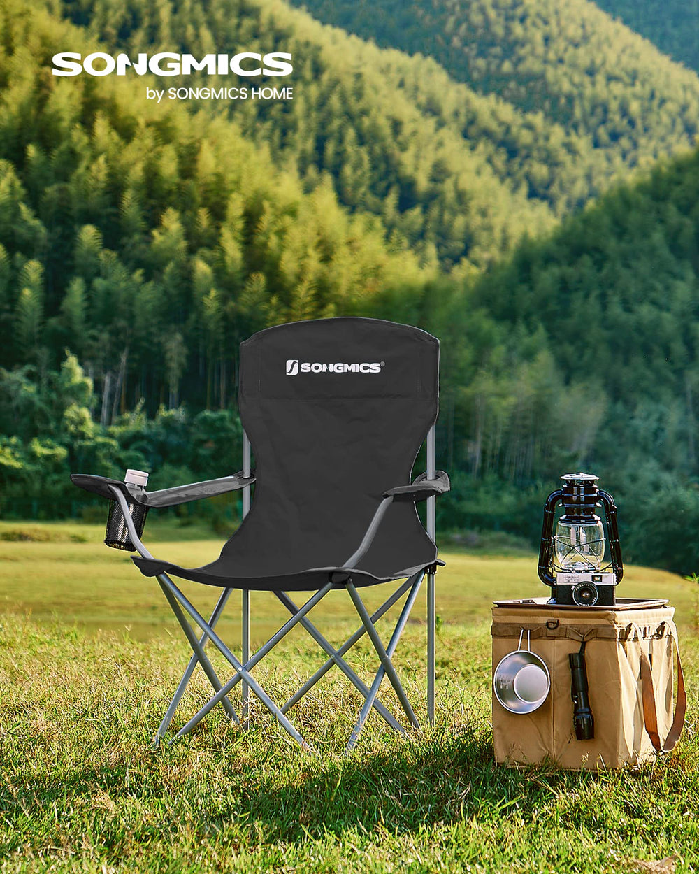 SONGMICS 2-pack folding chair with cup holder keeps drinks within reach during picnics.