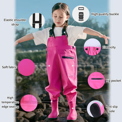 SooGree Kids Chest Waders non-slip boots providing grip on wet, muddy surfaces.