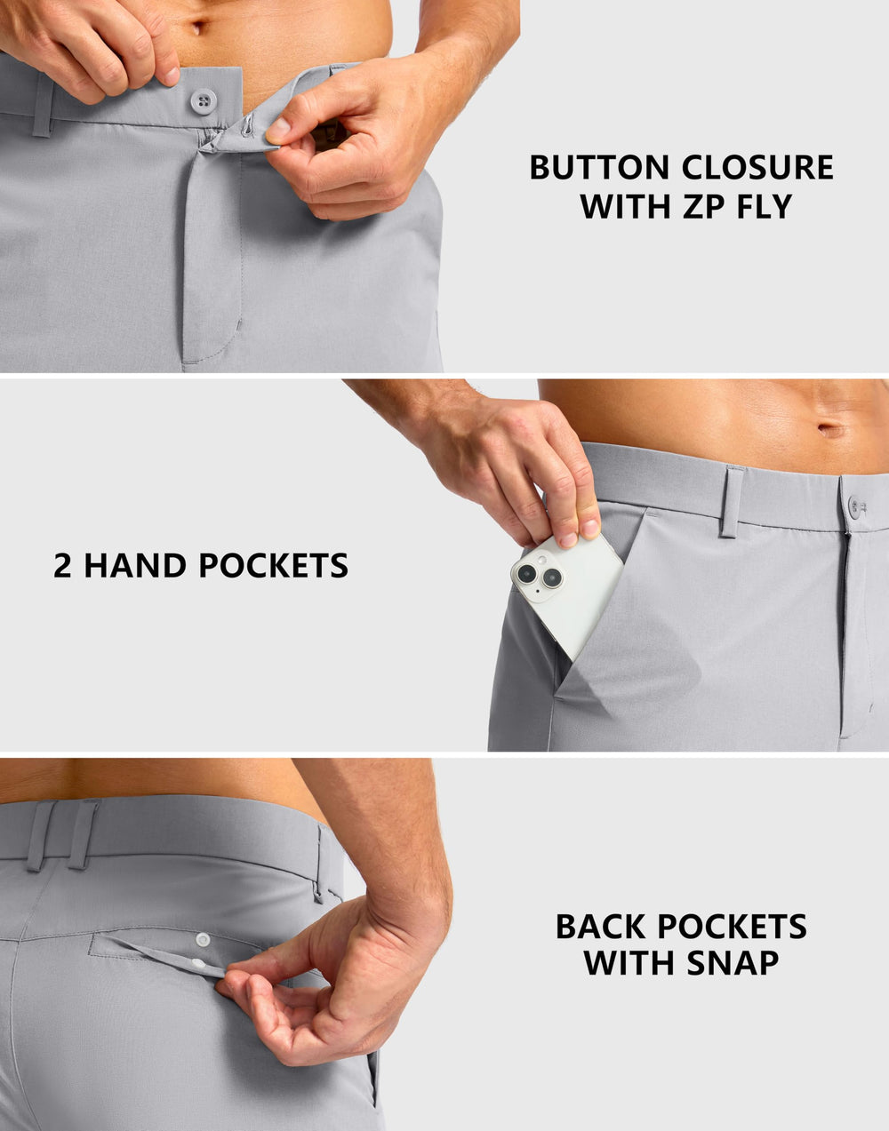 Soothfeel men's golf shorts 11inch back-pocket detail for secure storage.