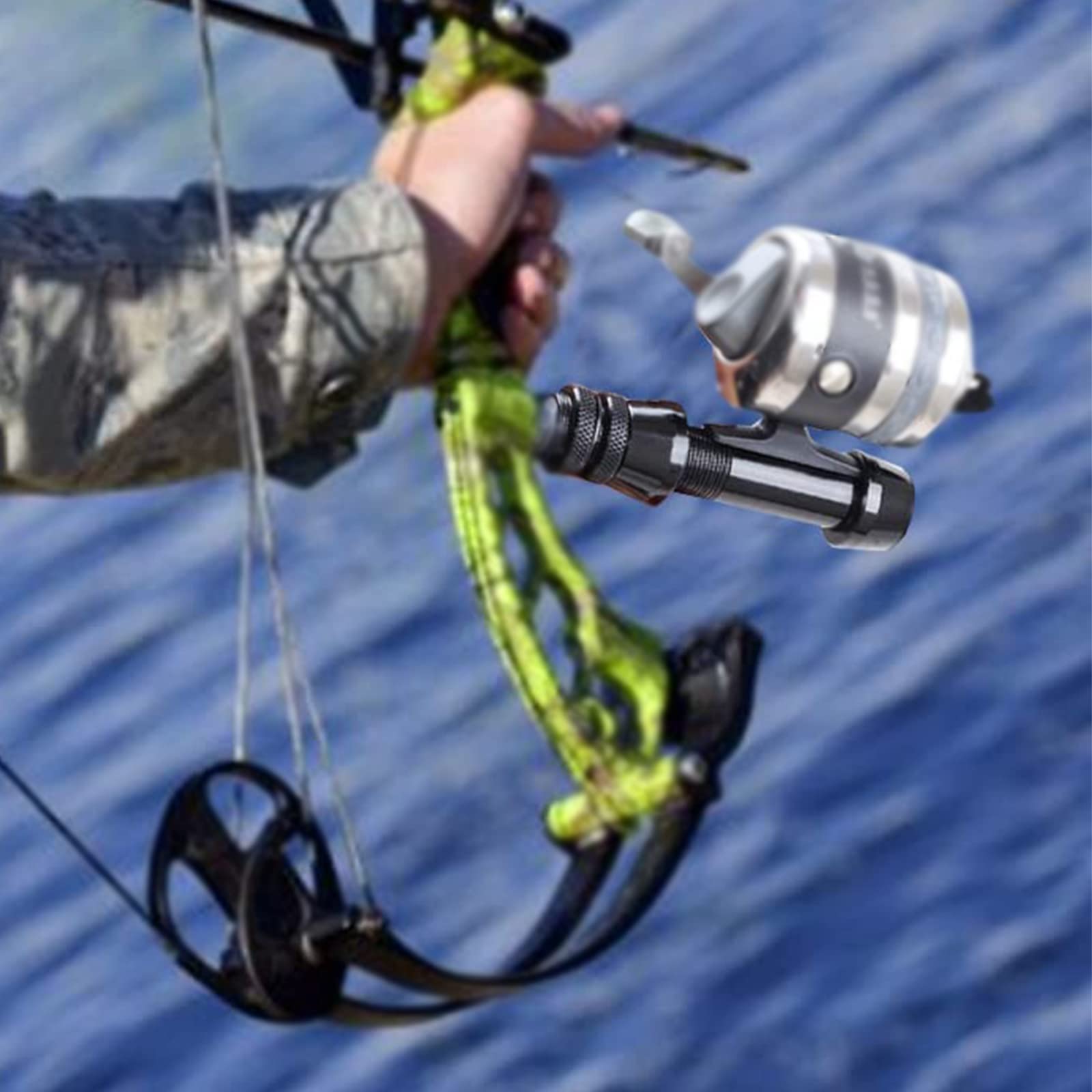 Reel seat mounted on compound or recurve bow