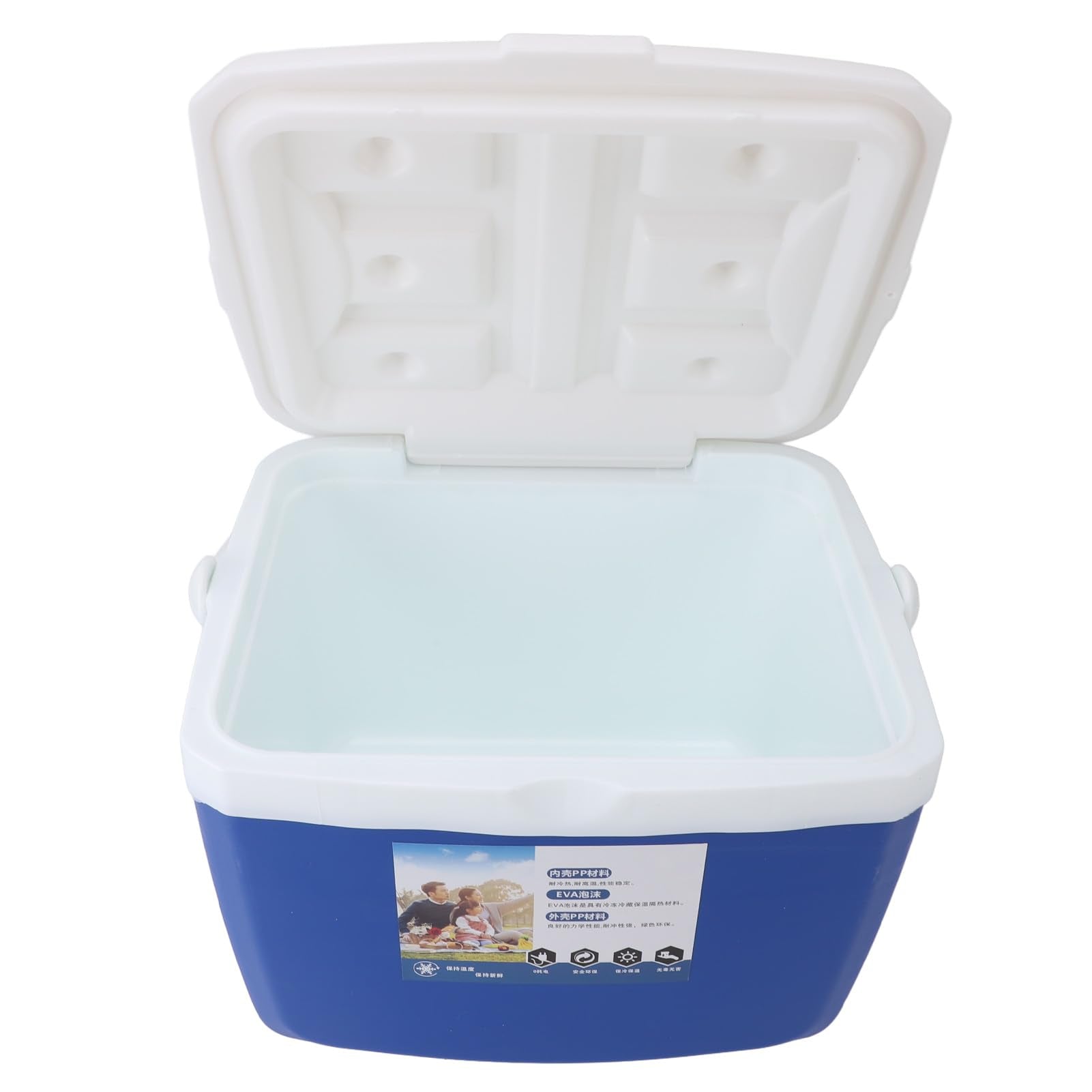 Sorandy outdoor cooler in blue at campsite with grilling setup