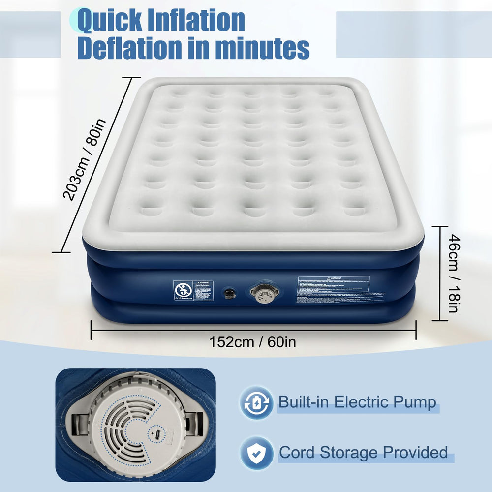 SORHE LIDKO queen air mattress raised 18 inches for elevated comfort.