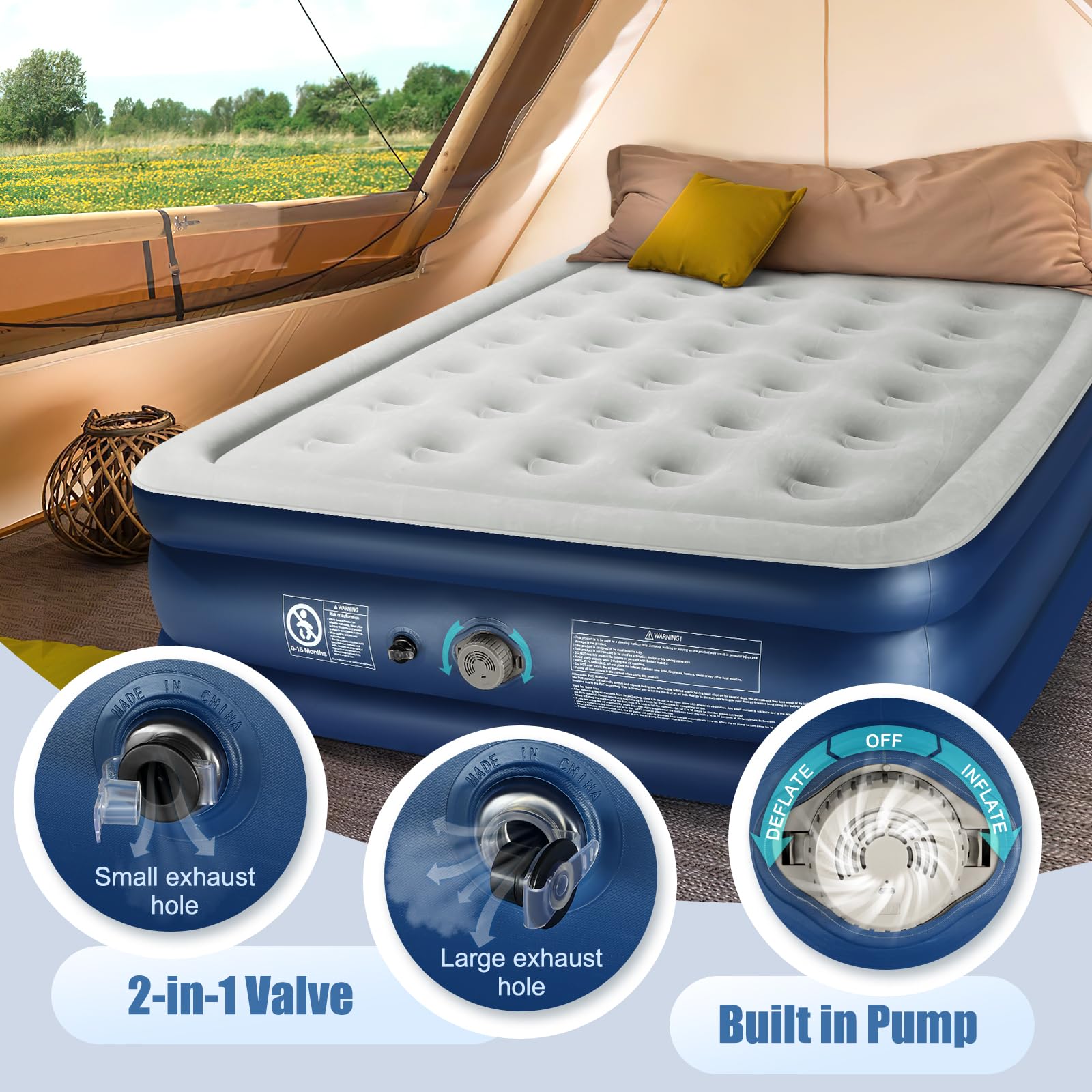 SORHE LIDKO queen air mattress soft flocked top enhances skin-friendly comfort.