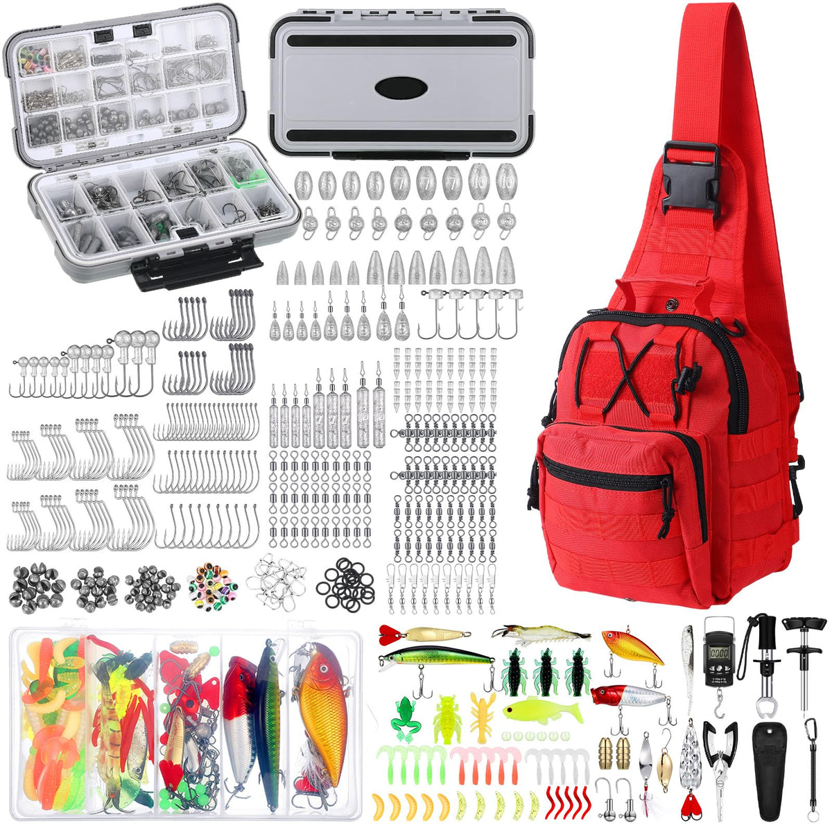 Sosation 482-piece fishing gear kit with red backpack and tackle box