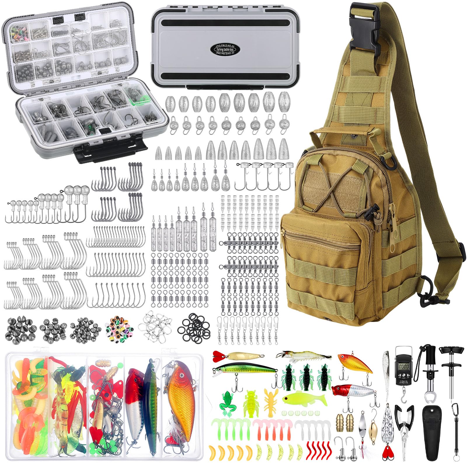 Sosation 482 Pcs fishing kit backpack and tackle box in khaki