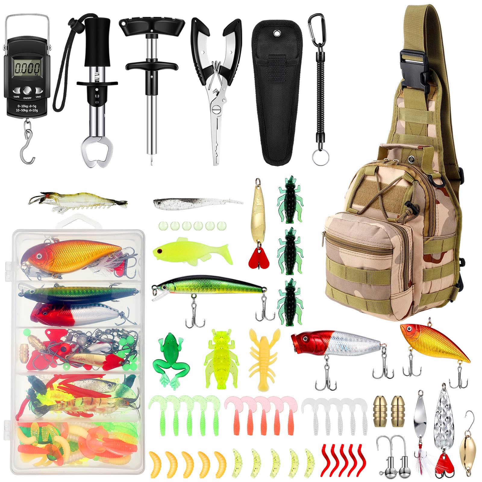 Sosation desert camouflage fishing tool kit display showing compact tackle storage on water trips