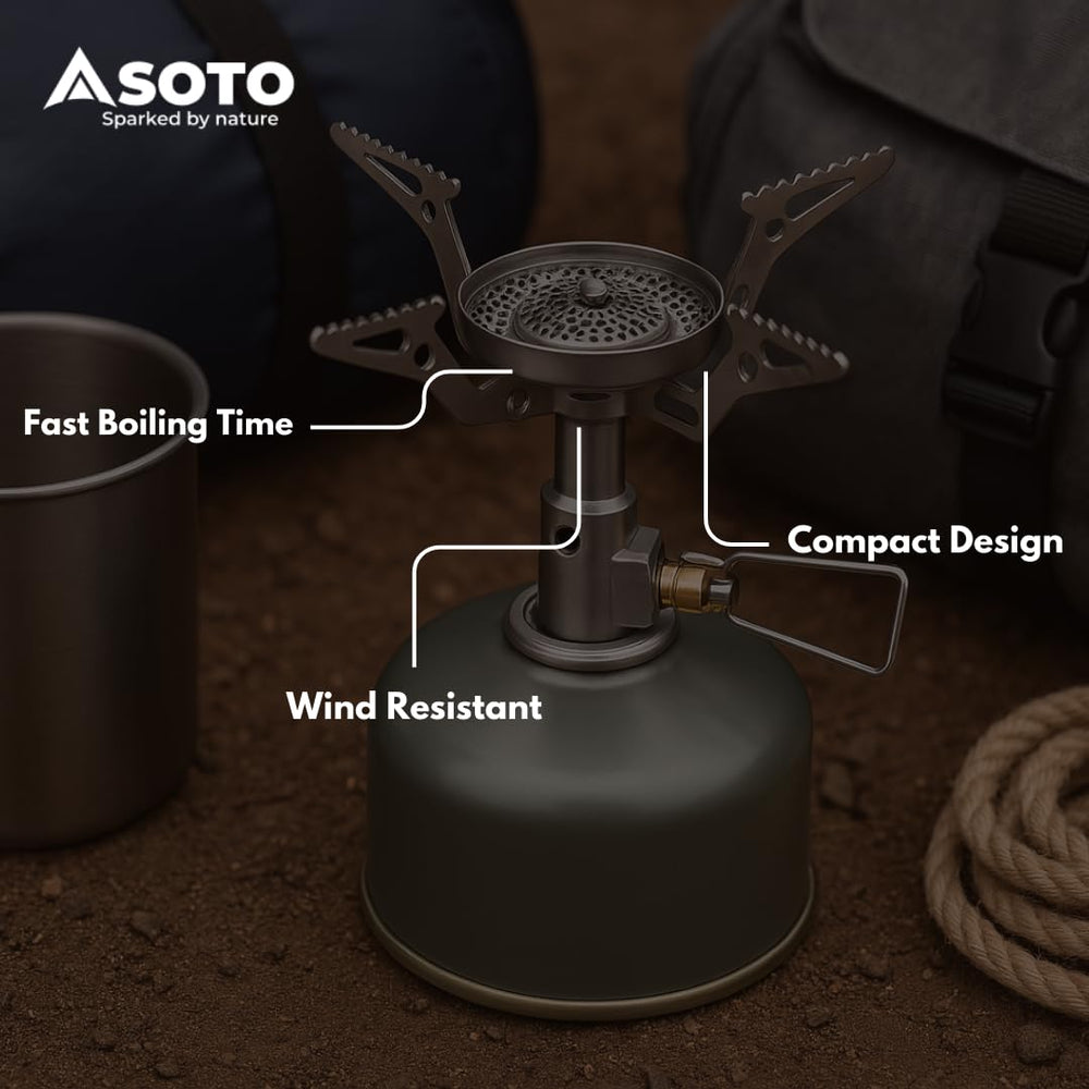 SOTO Amicus shock-resistant construction withstands rugged campsite use