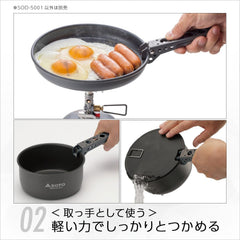 SOTO Duo Handle doubles as tongs for safe flipping of hot pans.