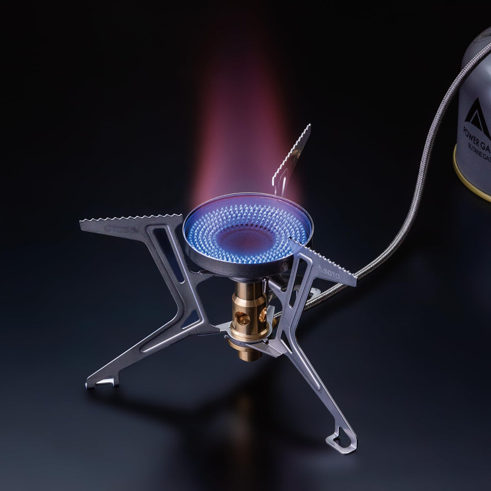 SOTO Fusion Trek micro regulator close-up highlights steady flame for varied conditions.