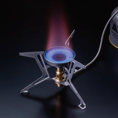 SOTO Fusion Trek micro regulator close-up highlights steady flame for varied conditions.