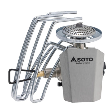 SOTO regulator stove flame-control knob enables rapid boil to simmer.