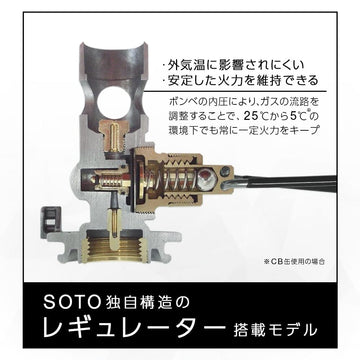 SOTO Shinfuji regulator lantern side view with stainless steel valve knob.
