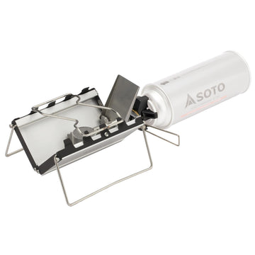 SOTO ST-320 stored ultra-thin burner demonstrates portable design for backpacking efficiency.