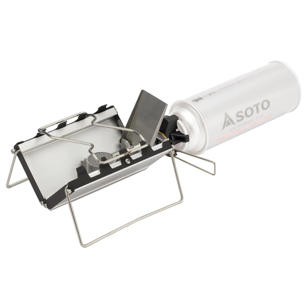 SOTO ST-320 stored ultra-thin burner demonstrates portable design for backpacking efficiency.