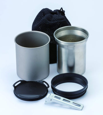 SOTO Thermostack Original Combo assembled shows a versatile camping cup system for hot drinks