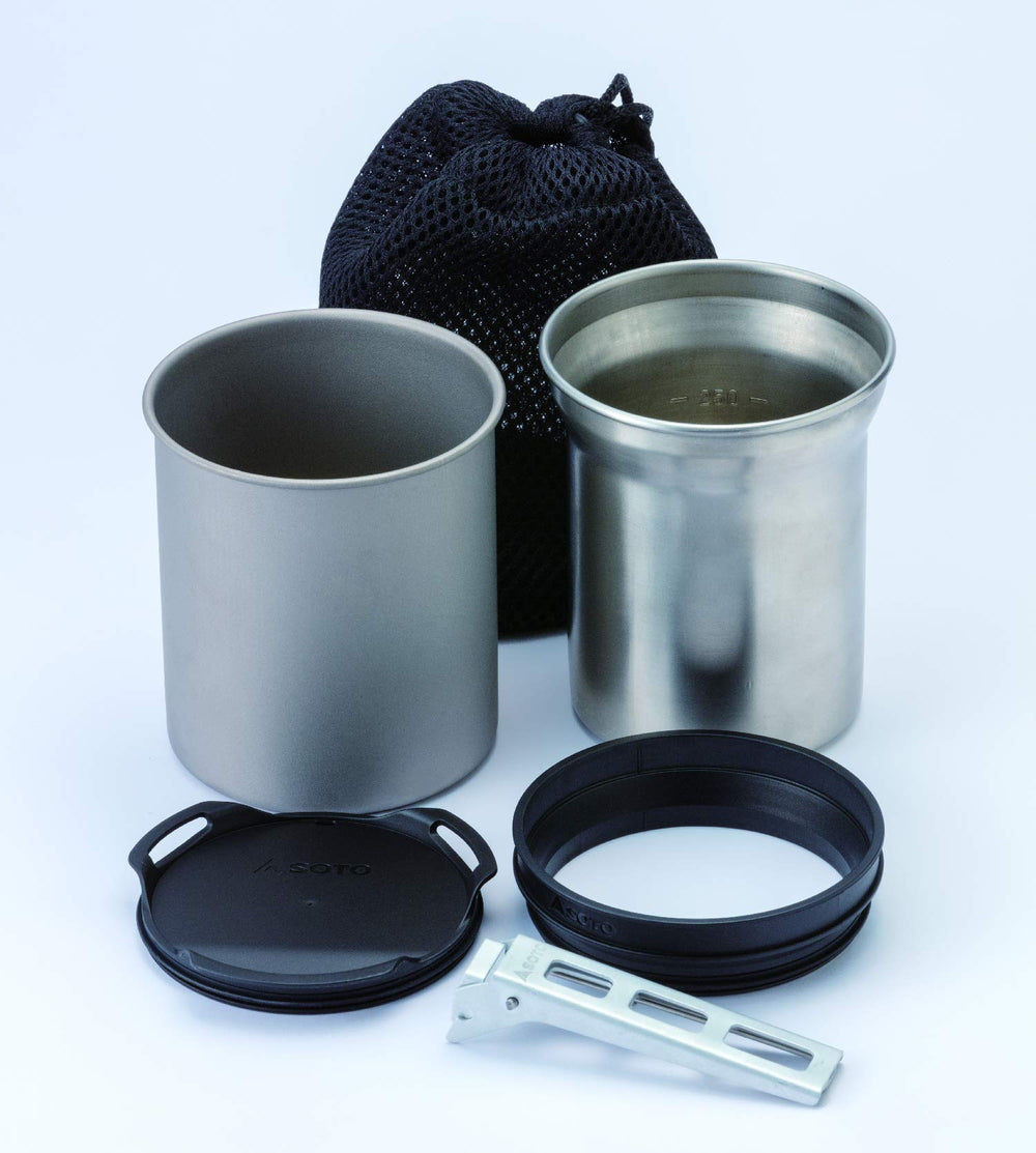 SOTO Thermostack Original Combo assembled shows a versatile camping cup system for hot drinks