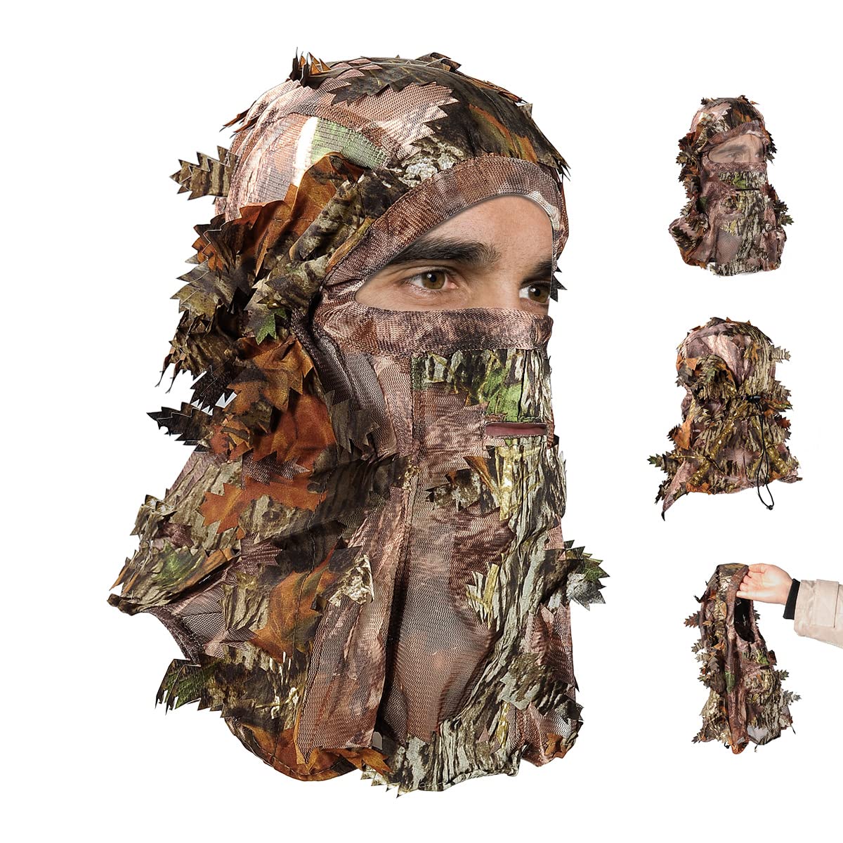 SOUFORCE camouflage 3D mask with leafy hat for forest concealment.
