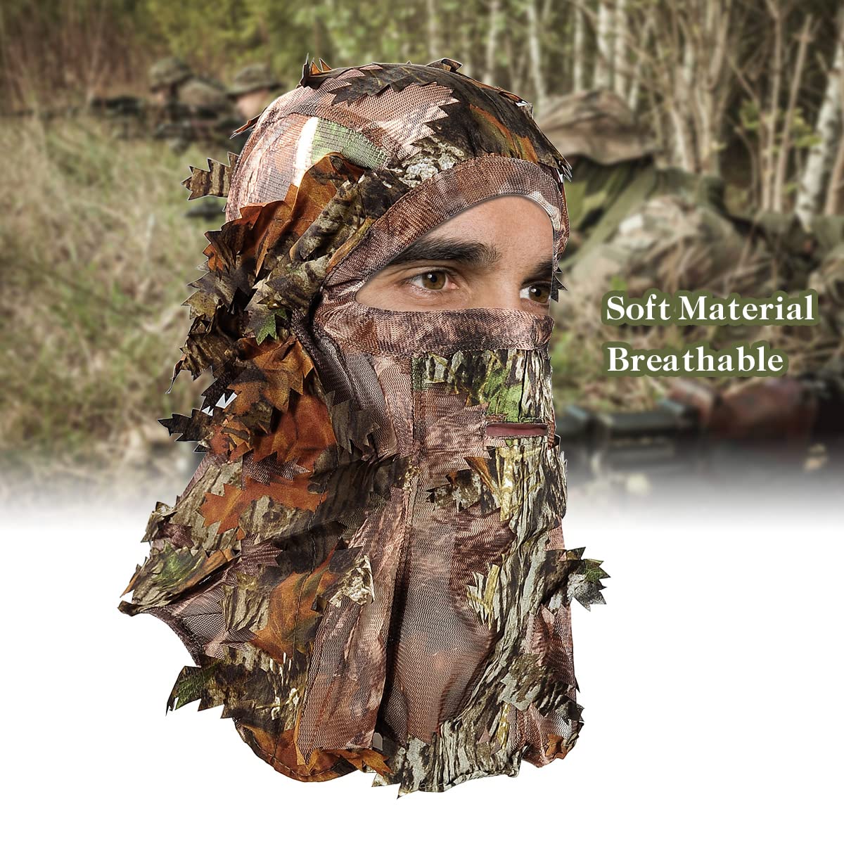 SOUFORCE ghillie mask offers forest concealment for stealthy hunts.
