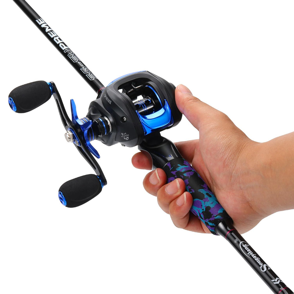 Sougayilang 2-piece baitcaster assembly closeup shows quick setup