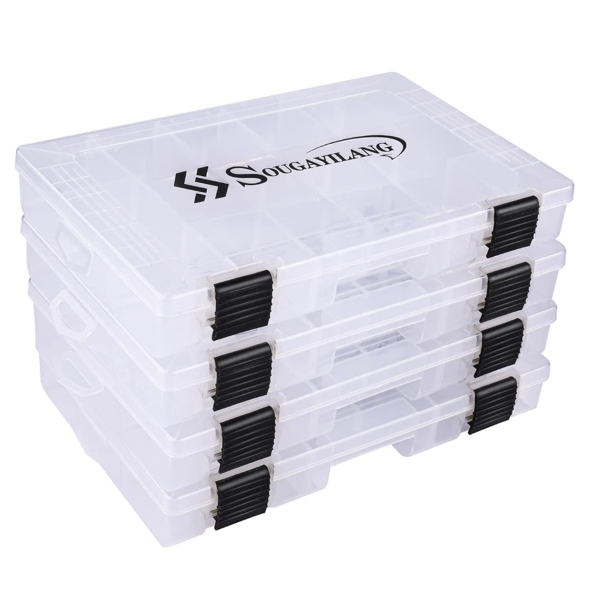 Sougayilang 3600 tackle box front view highlights organized lures and small parts