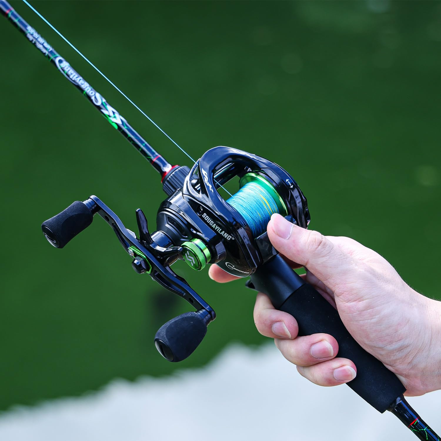 Travel-ready green left-handed baitcasting reel