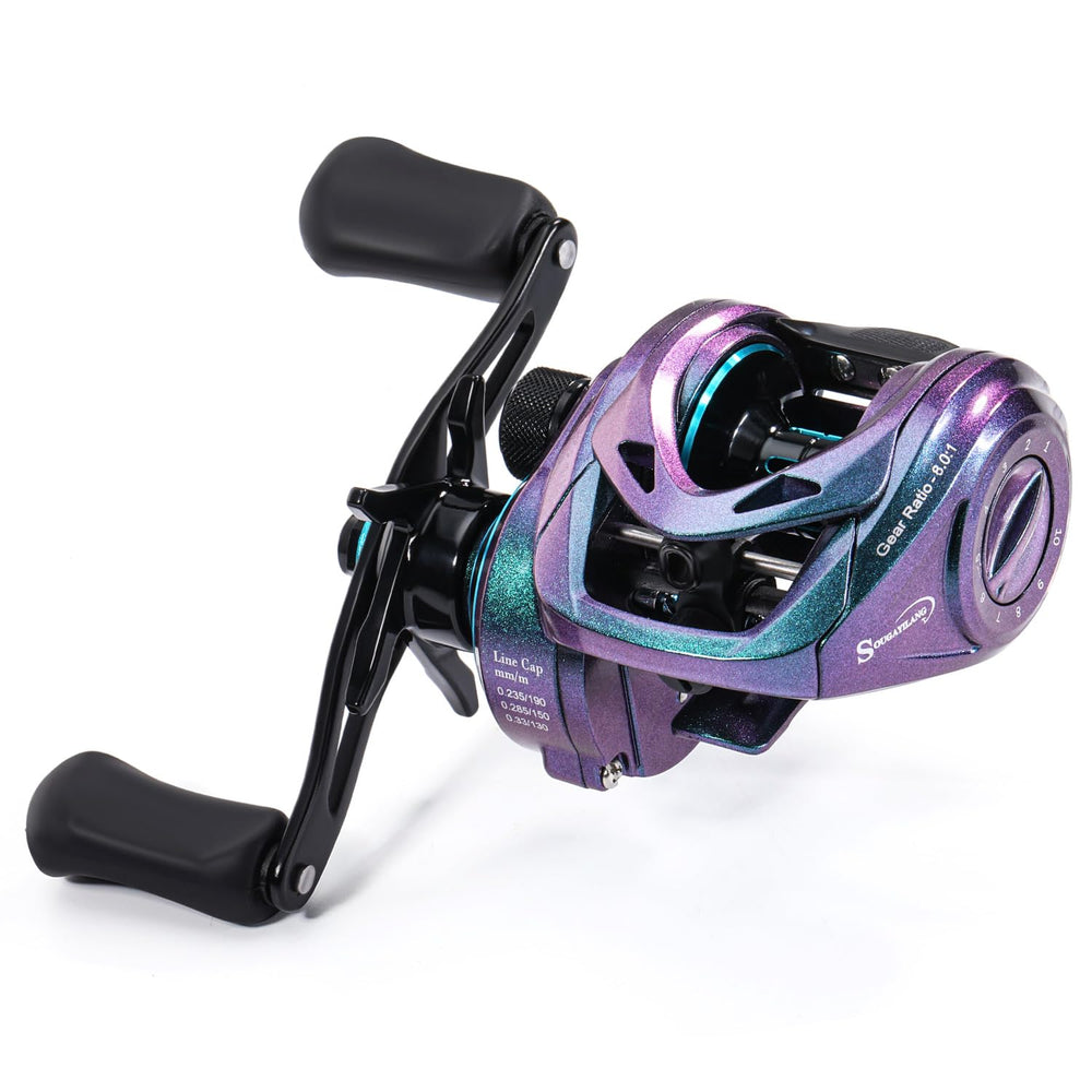 Left-hand low-profile baitcasting reel with 8:1 gear ratio