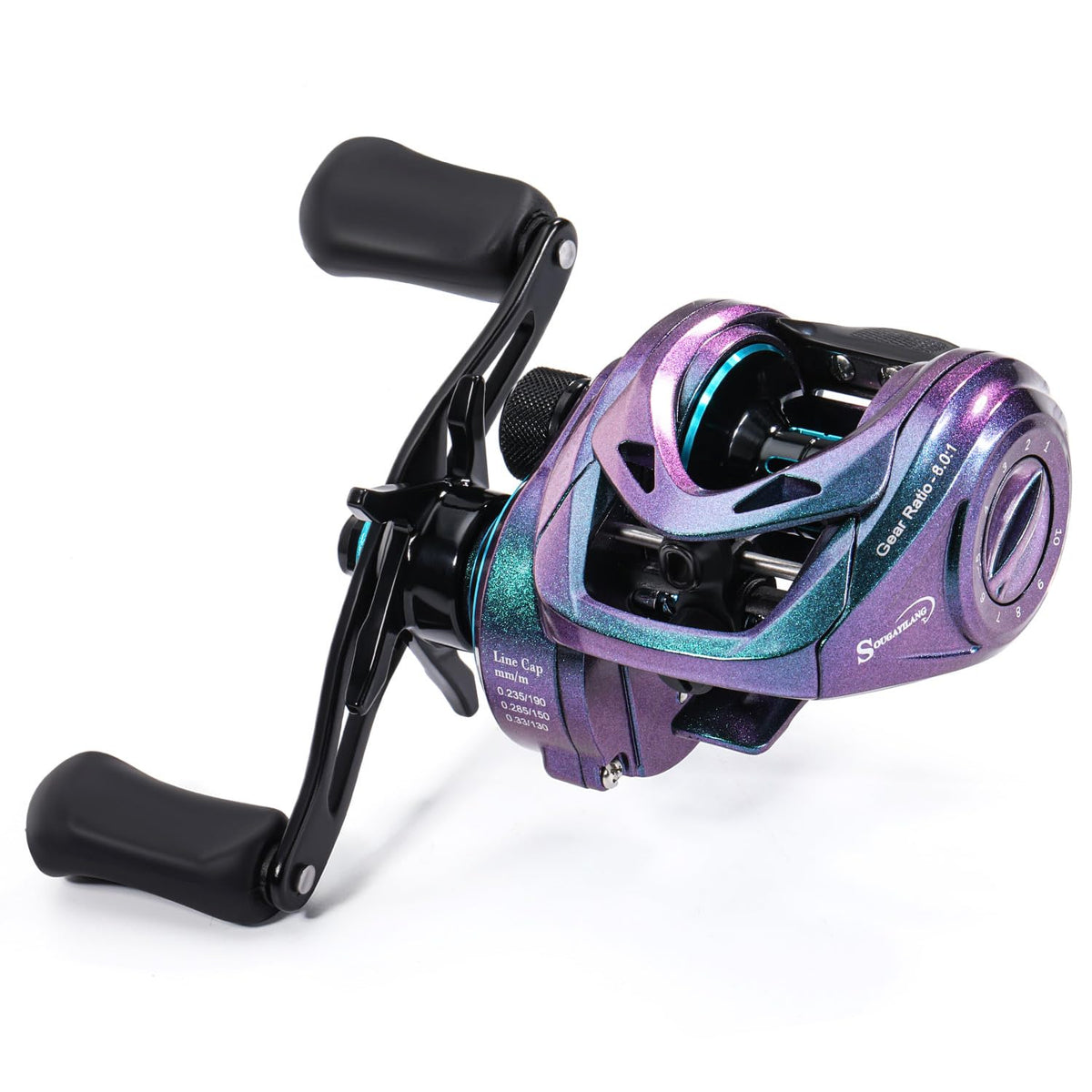 Left-hand low-profile baitcasting reel with 8:1 gear ratio