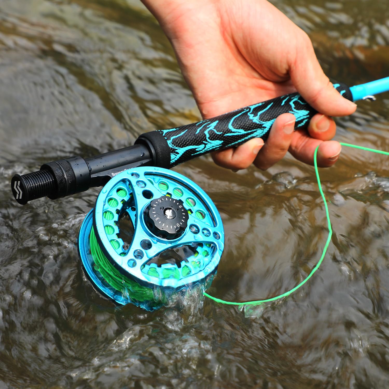 Blue Sougayilang fly fishing combo shown in case