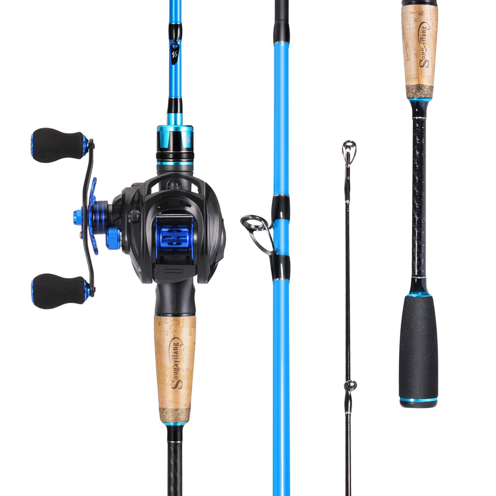 Sougayilang blue five-point-nine-foot rod with left-hand reel for bass-ready casting.