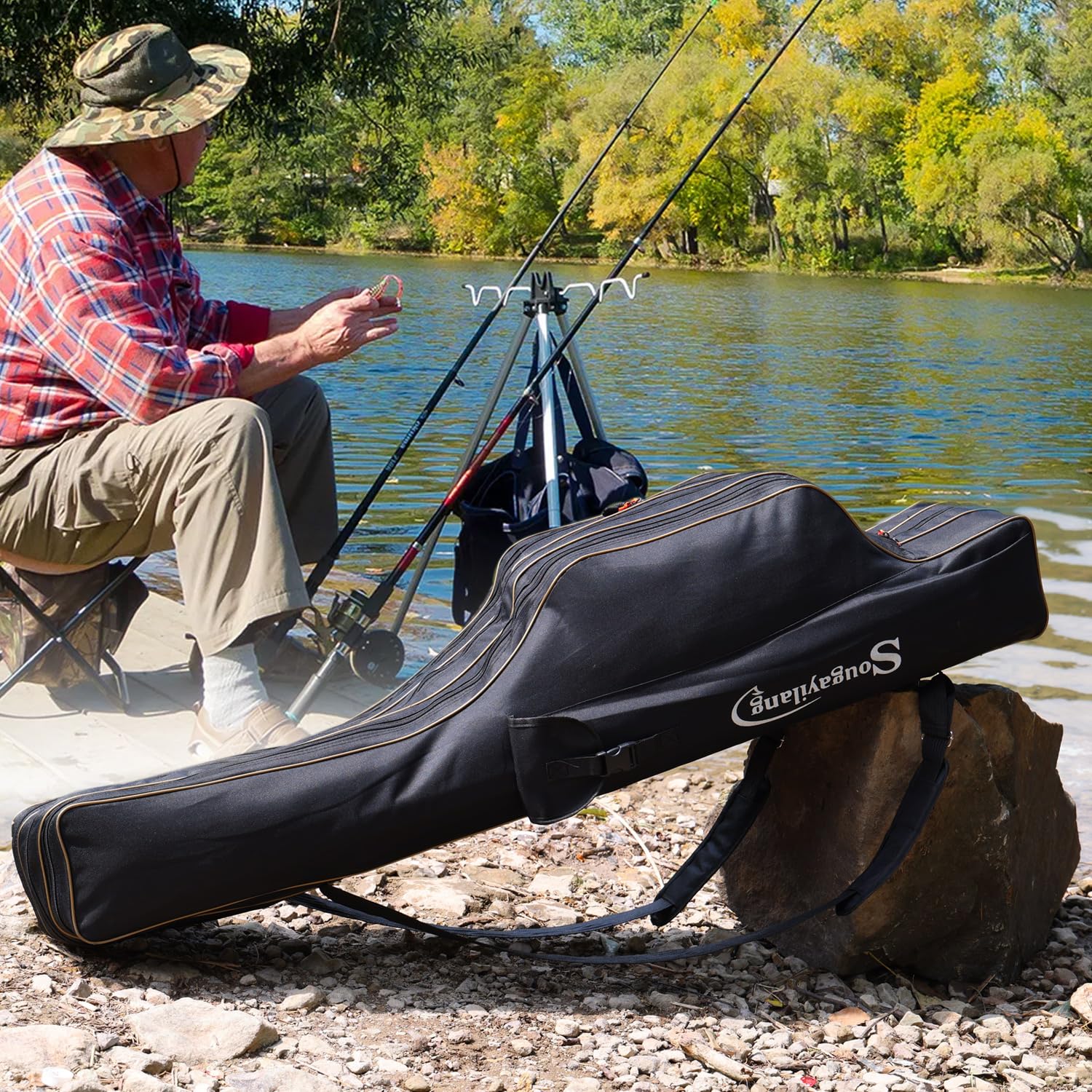 Open view showing three-layer storage compartments for rods and reels