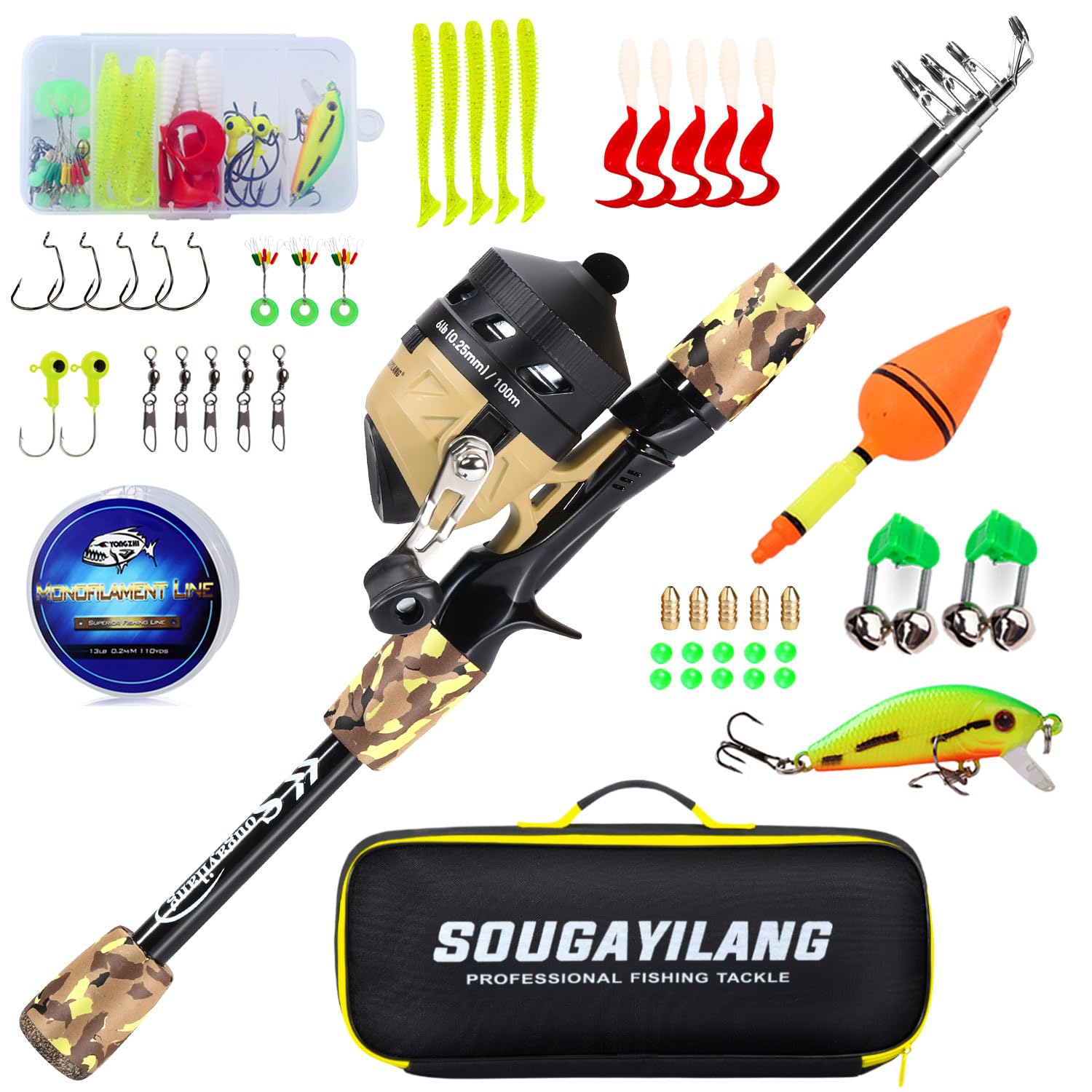 Sougayilang kids fishing rod and reel combo with yellow bag for easy outdoor adventures.