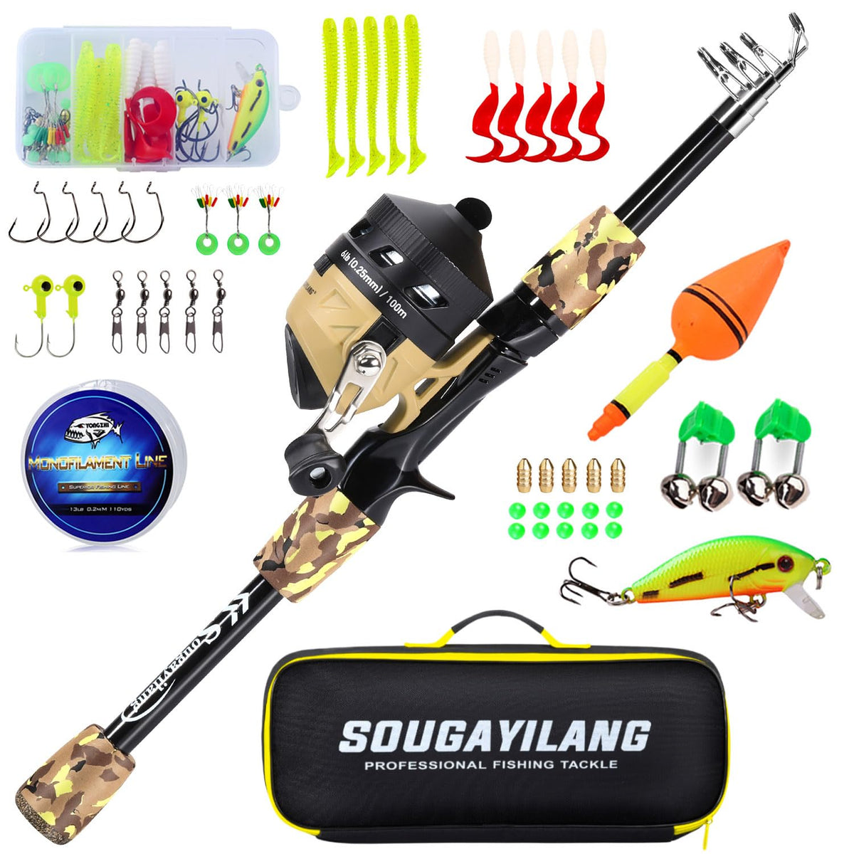 Sougayilang kids fishing rod and reel combo with yellow bag for easy outdoor adventures.