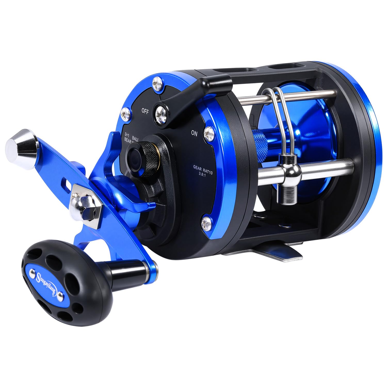 Sougayilang LDT40 reel side grip shows comfortable stainless handle and oval knobs.
