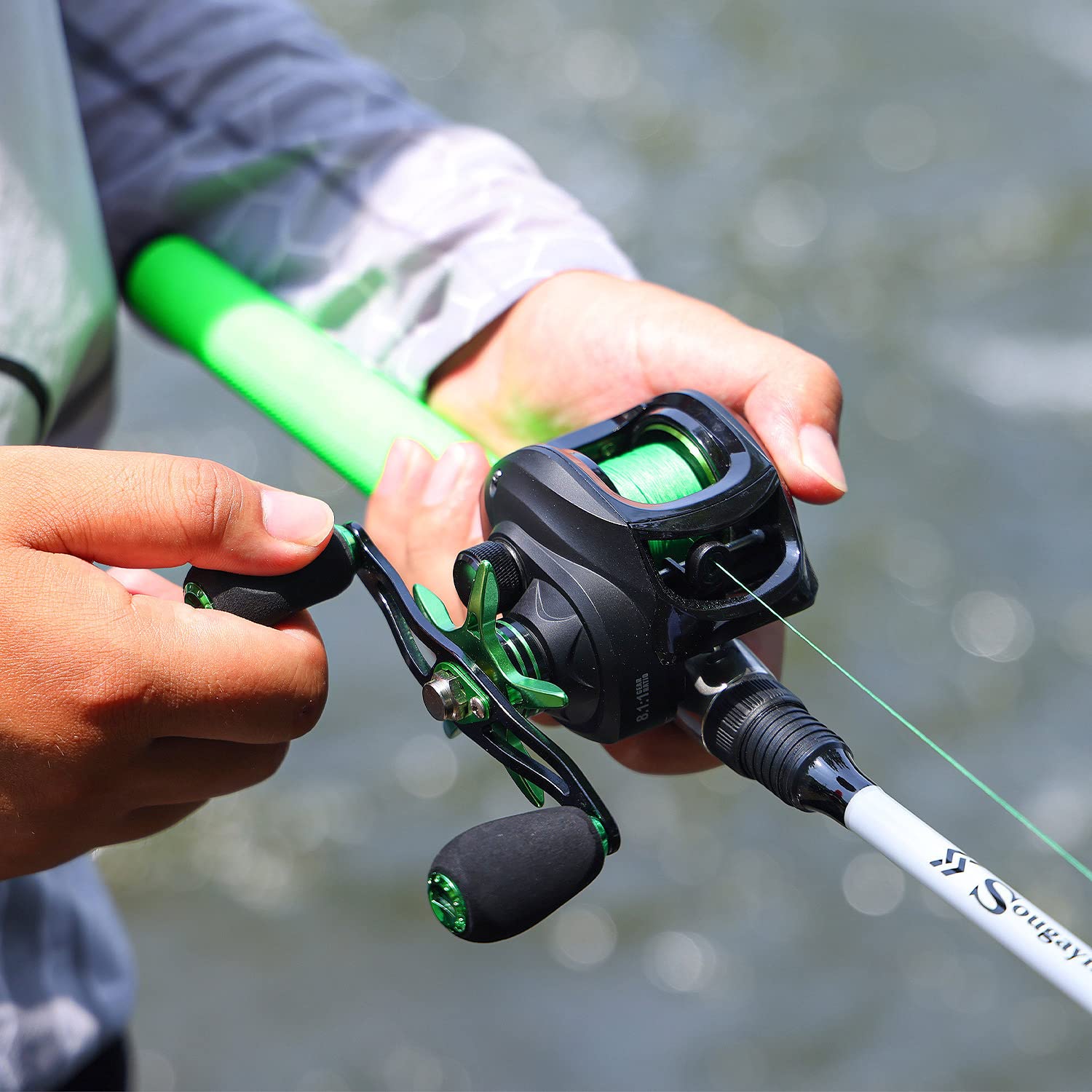 Sougayilang left handed reel setup for comfortable control on the water.
