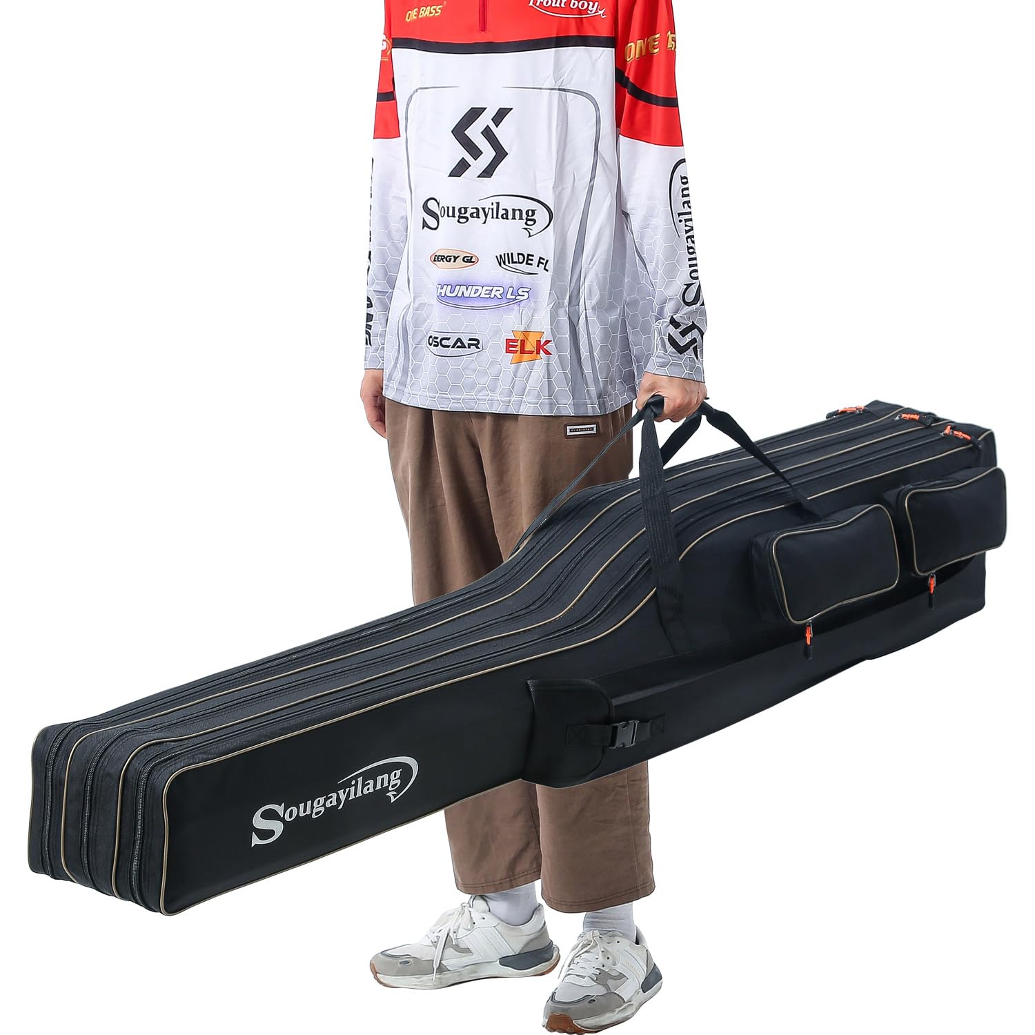Sougayilang pole storage bag with compartments organizes fishing essentials for quick access.