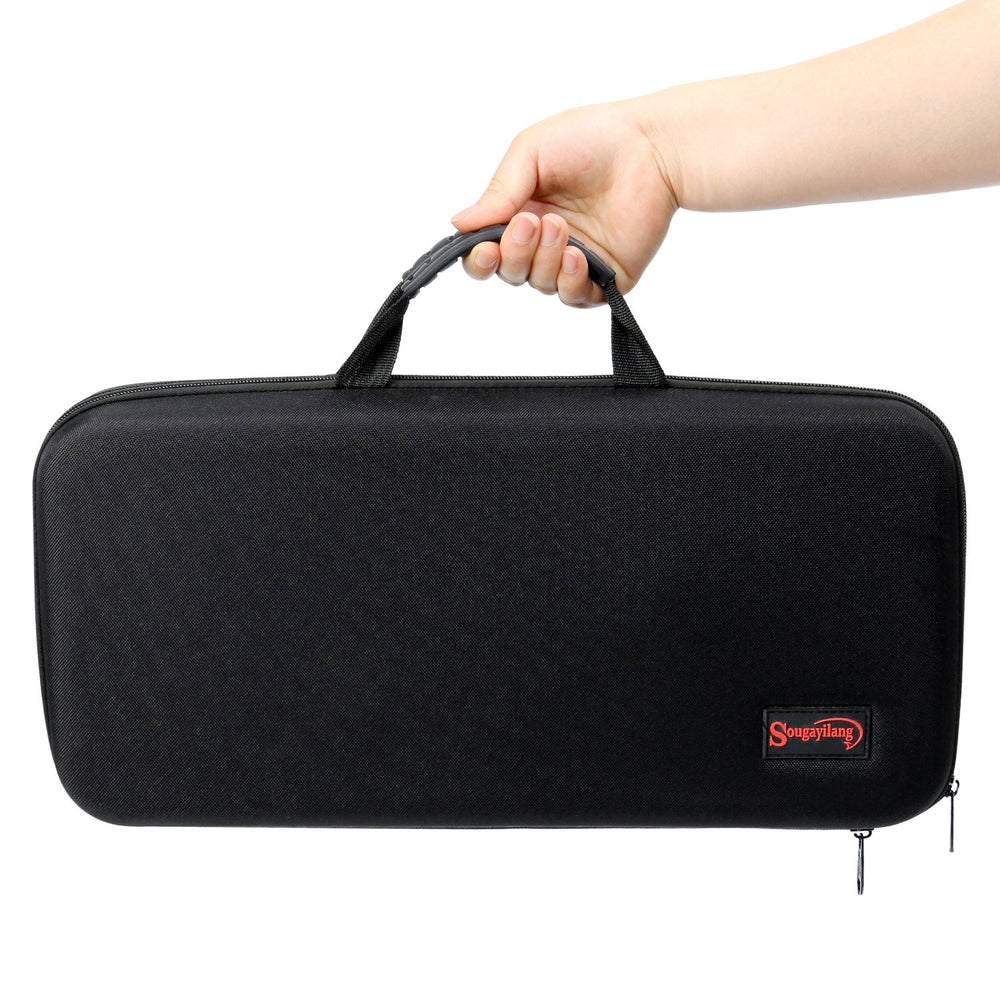 Sougayilang portable travel case secures rod and reel for transport.