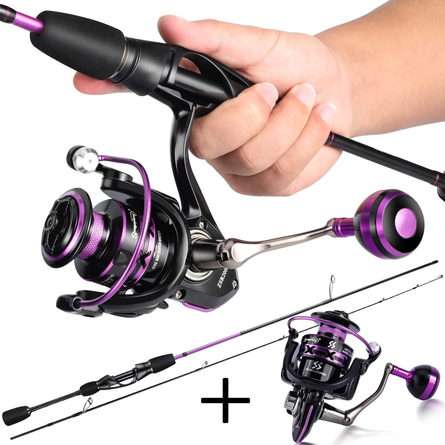 Close-up of ergonomic graphite reel seat on purple Sougayilang rod
