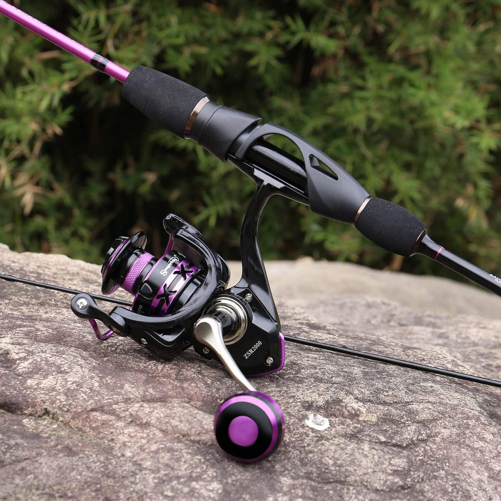 Purple and black fishing rod and reel setup for crappie and freshwater species