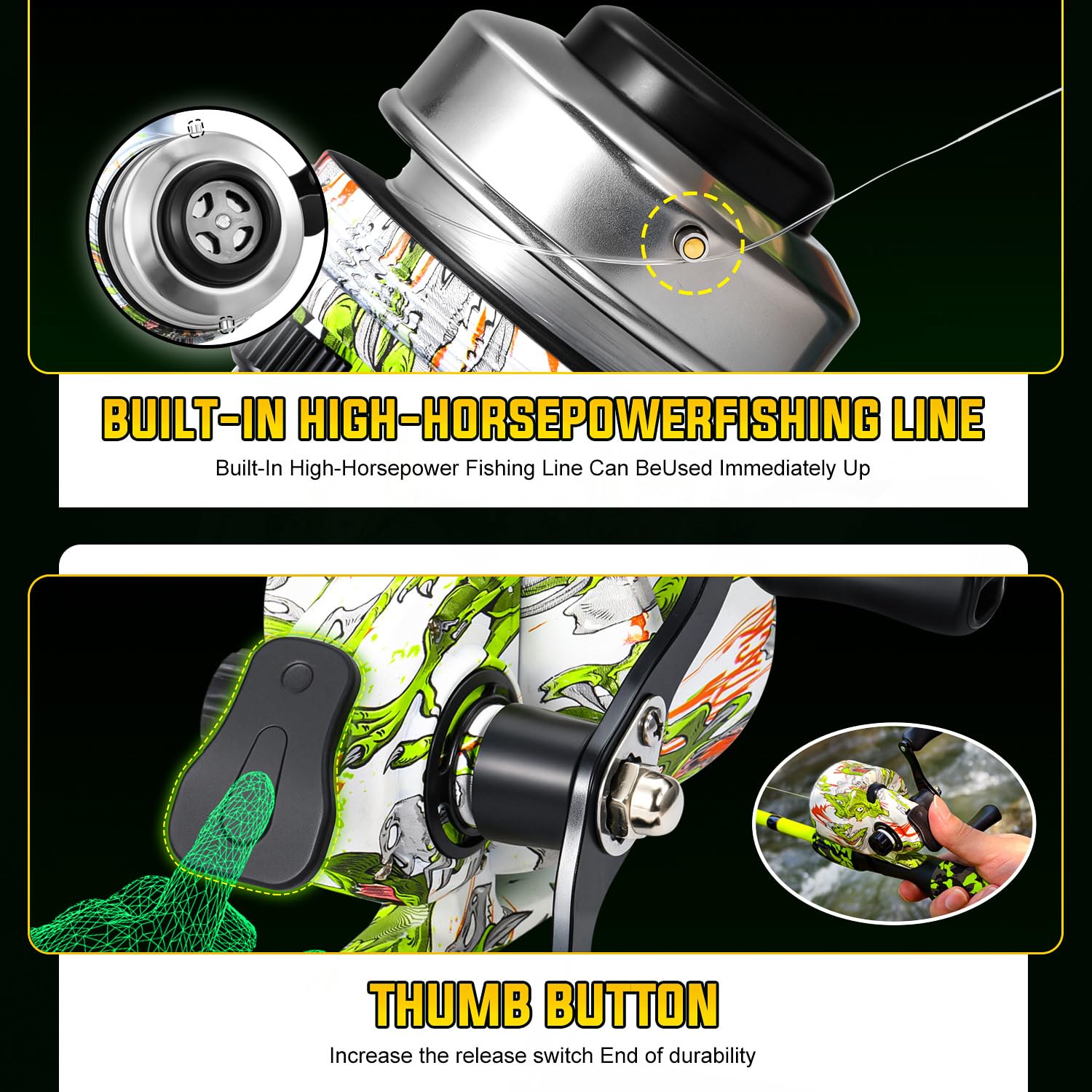 Sougayilang spincast dinosaur-pattern reel adds fun style for beginners.