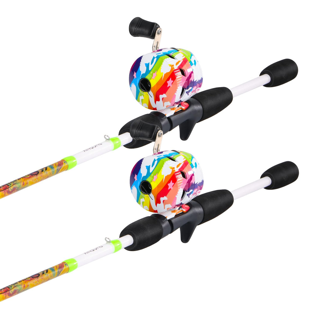 Two-piece fishing rod and spincast reel close-up