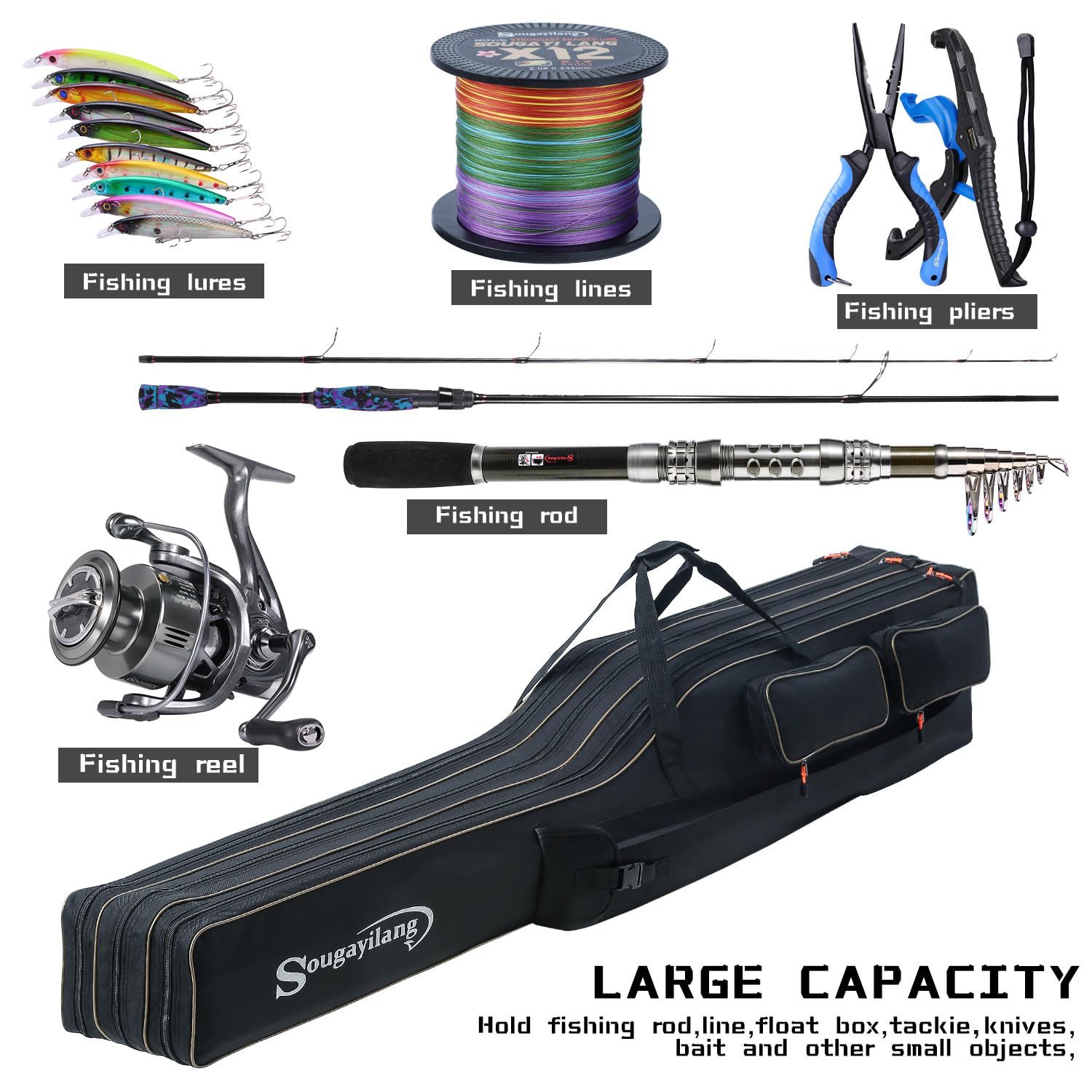 Sougayilang travel rod gear organizer keeps essentials organized during trips.