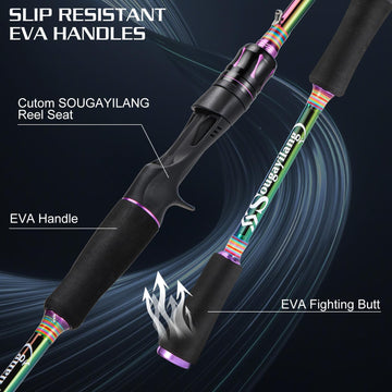 Sougayilang two-piece portable rod highlights lightweight, compact travel-friendly design.