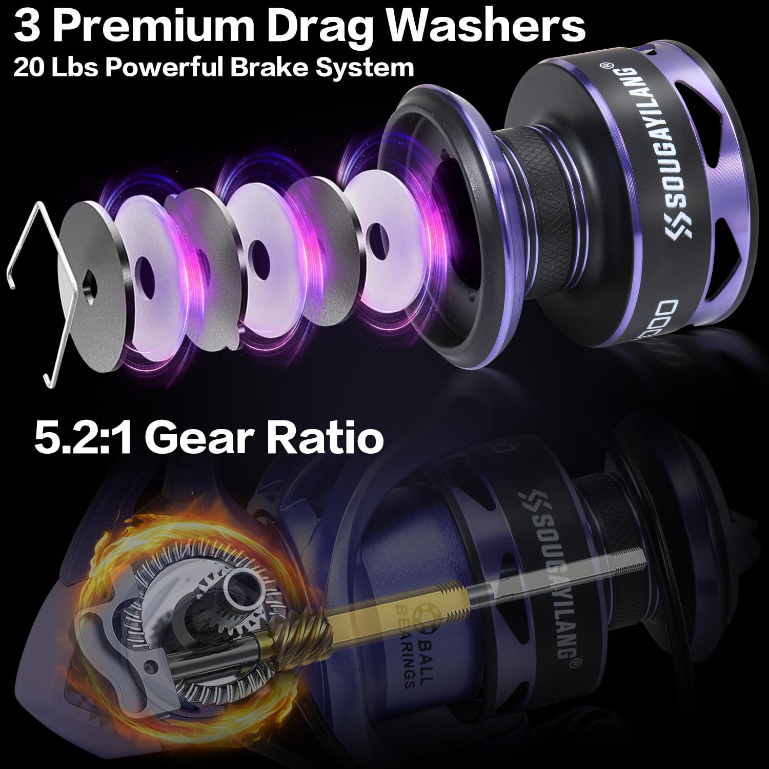 Sougayilang Voidflare drag system and brass gears deliver smooth, reliable retrieves.