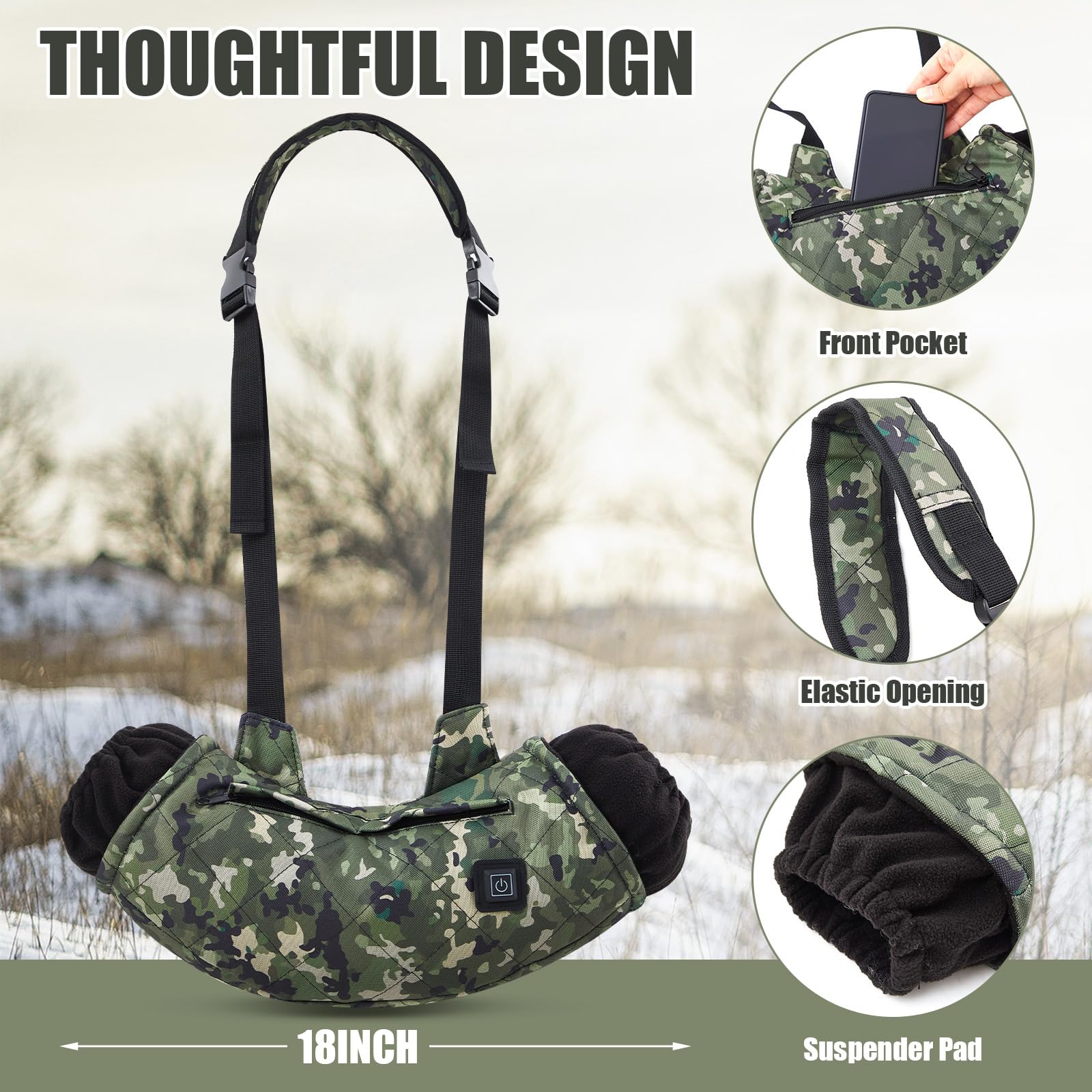 Soulchen camo heated hand-warmer pouch open cuff showing easy heat access