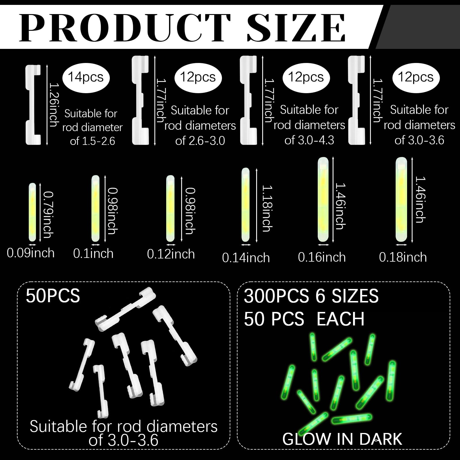 Mini green glow sticks attached to a fishing rod tip for night fishing