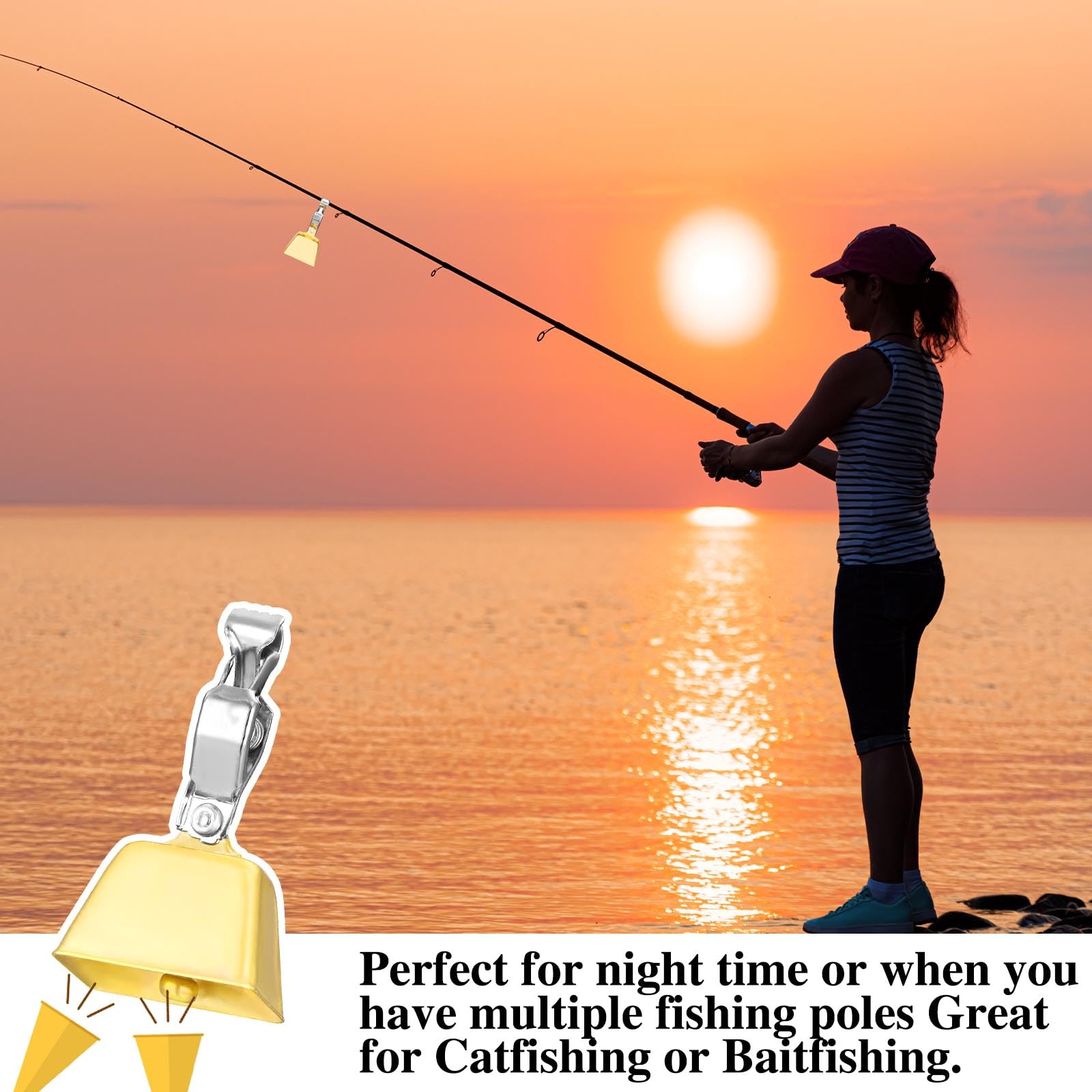 Night-time fishing bells alerting to bites on catfish rods