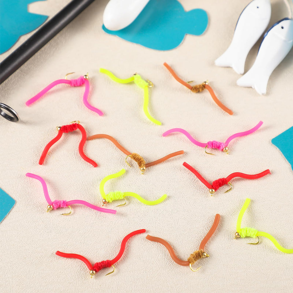Durable chenille San Juan worm flies in vibrant colors
