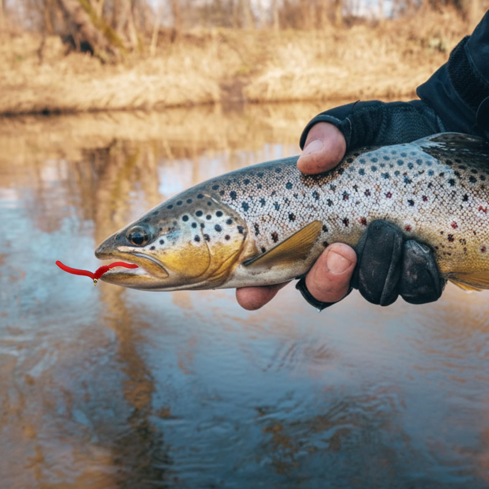 Angler using worm flies in river environment