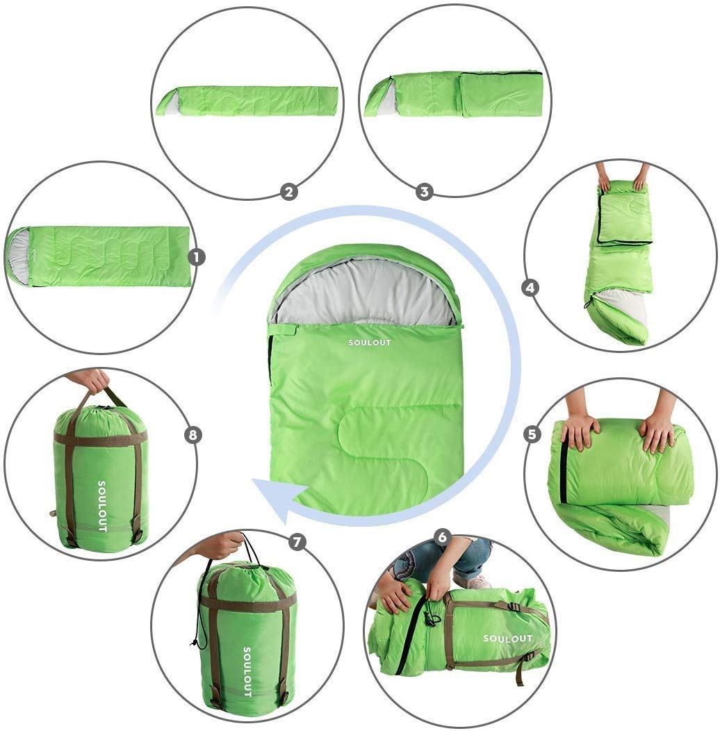 SOULOUT sleeping bag green; ideal for camping and hikes with versatile warmth.