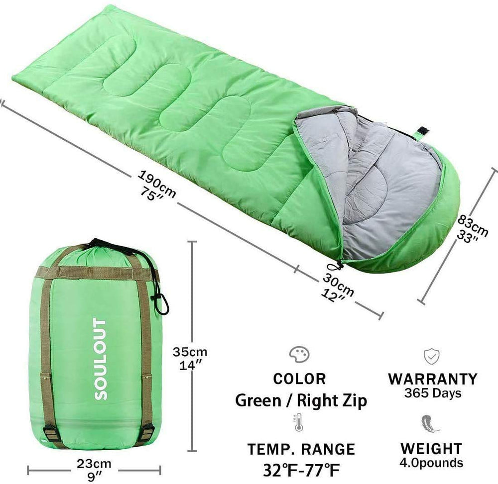 SOULOUT sleeping bag green; inside view highlighting soft lining for cozy nights outdoors.